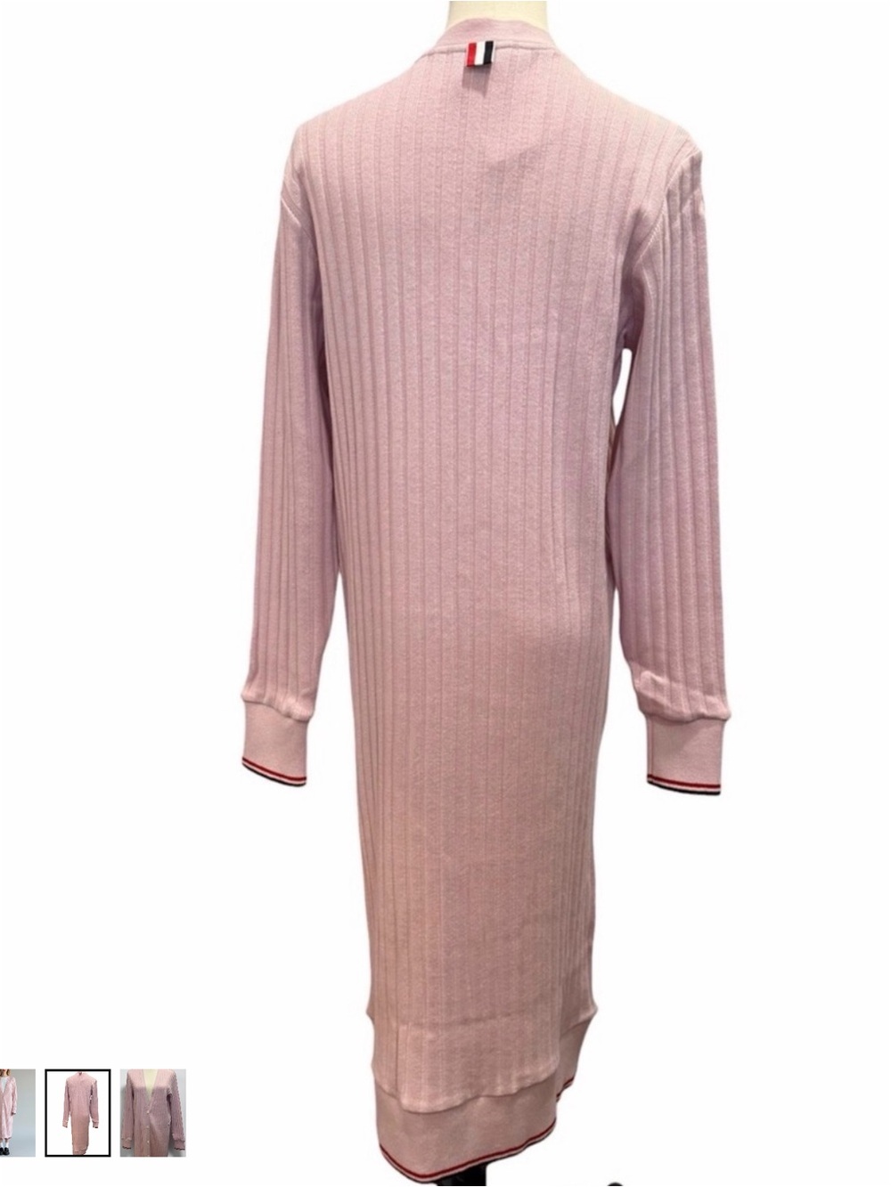 Thom Browne Ribbed Long Button-Front Robe Cardigan in Pale Pink - Picture 6 of 7